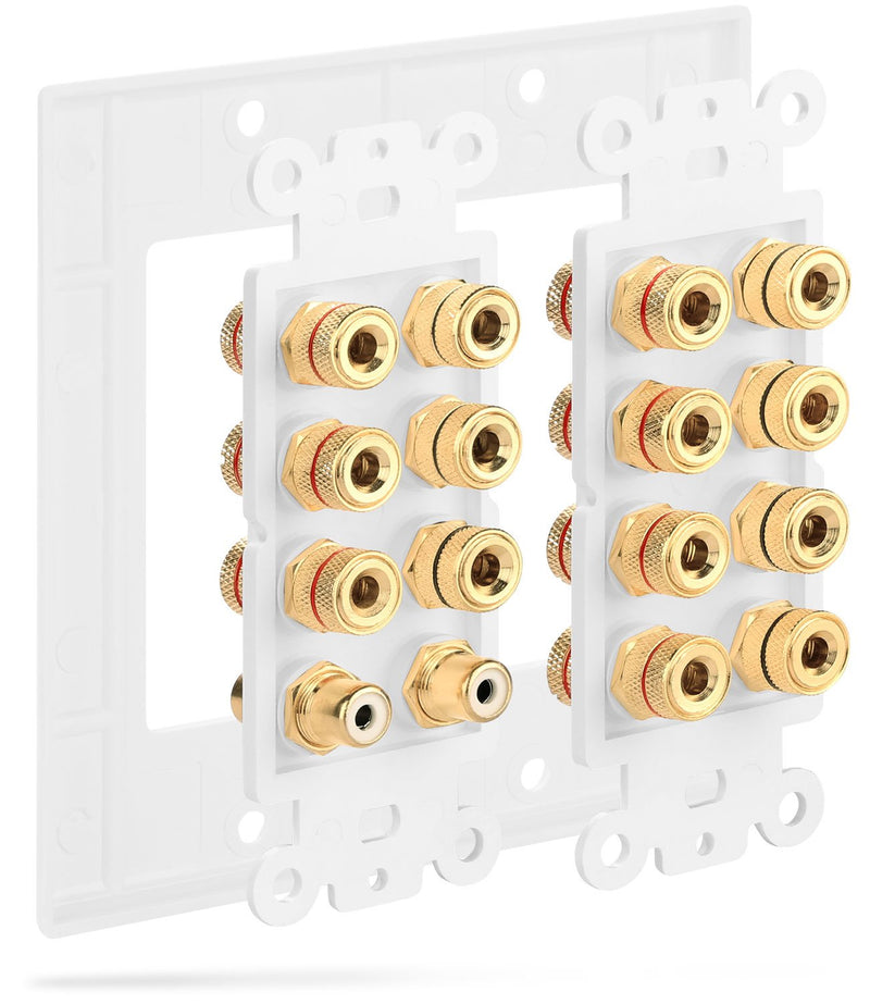 Fosmon 2-Gang 7.1 Surround Sound Distribution Home Theater Wall Plate, Gold Plated 7-Pair Copper Binding Posts Coupler Type for 7 Speakers, 2 RCA Jack for Subwoofer