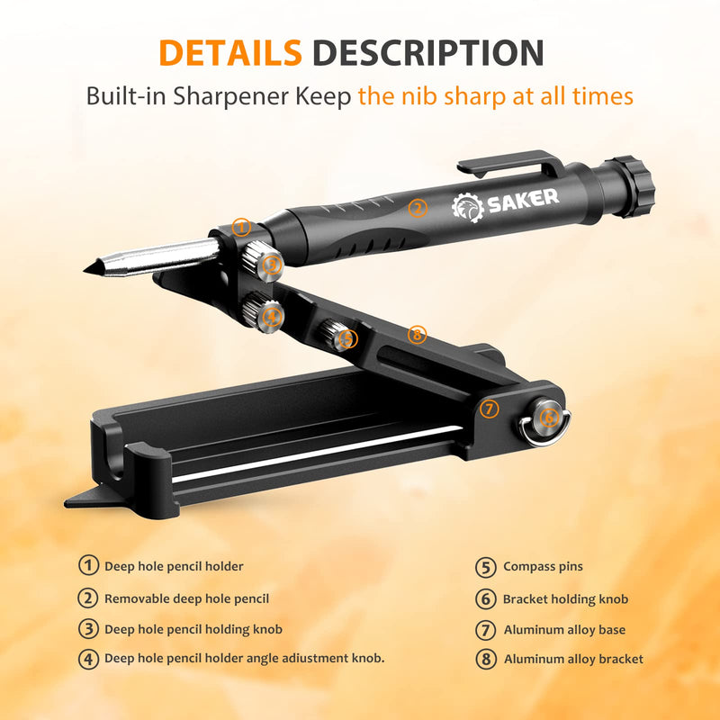 Saker Multi-function Scribing Tool- Construction Pencil- Aluminum Alloy Scribe Tool with Deep Hole Pencil,DIY Woodworking Scribe Gauge Scriber Line Maker Measuring Tool,Multifunctional Tools