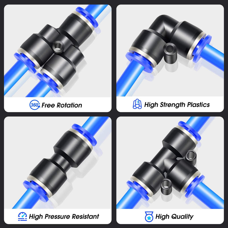 TAILONZ PNEUMATIC 1/4 Inch od Push to Connect Fittings Pneumatic Fittings Kit 2 Spliters+2 Elbows+2 tee+2 Straight (8 pcs) 1/4"OD Blue 8
