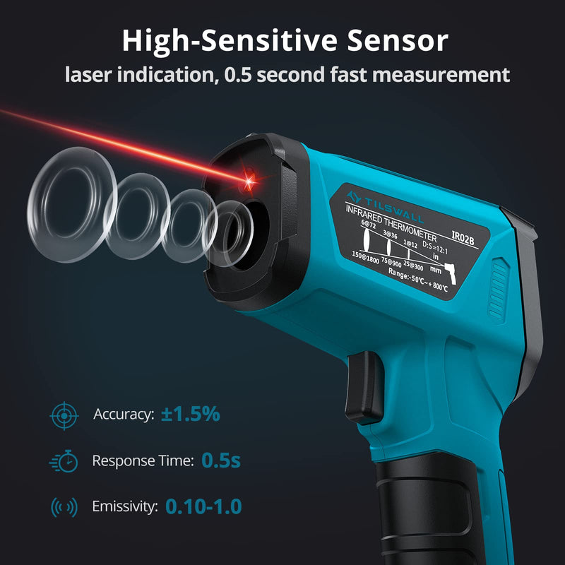 Infrared Thermometer (not for humans) -50°C to 800°C Tilswall IR Digital Laser Temperature Meter with Thermometer Cooking LCD Display, Alarm for High/Low Temperature Cooking Barbecue