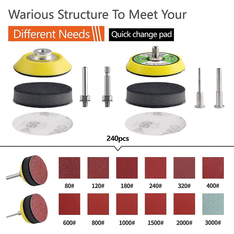 JTWEB 244 pieces sanding disc pad kit 2 inch 50 mm grit 80/100/120/150/240/320/400/600/800/1000/1200/2000/3000 sanding disc pad kit polishing pad adapter, aluminum oxide