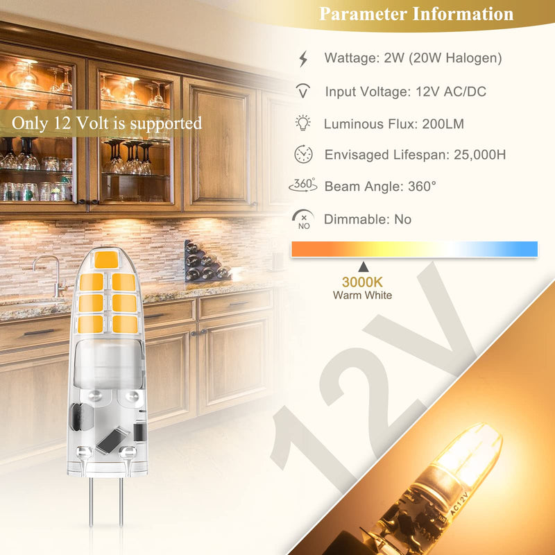 DiCUNO G4 LED warm white, 2W LED bulb replaces 20W halogen, G4 LED bulb 3000K, 200LM, 360°, no flickering, not dimmable, pin base lamp 12V AC/DC, under-cabinet lights, extractor hood, pack of 10 warm white 3000k