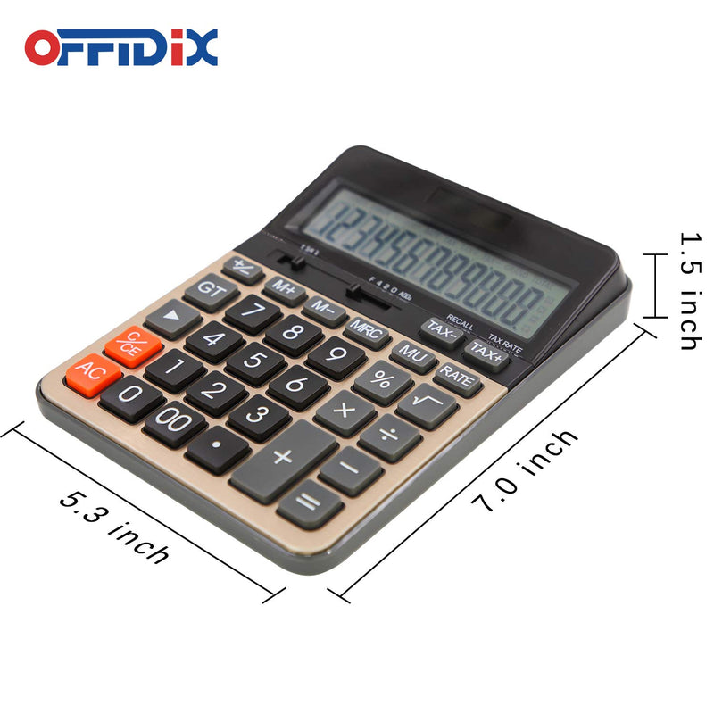 OFFIDIX Desktop Calculator 12 Digit with Large LCD Display, Desk Calculator Solar Battery Dual Power Electronic Calculator, Business Calculator with Tax Functions,Perfect for Office, Home, School Gold