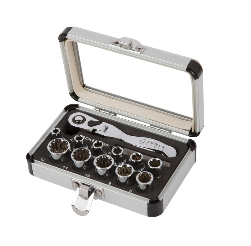 Sunex 9723 1/4-Inch Drive Universal Spline Socket Set with Mini-Flex Ratchet, 13-Piece 1/4" Drive Socket Set, Mini Ratchet