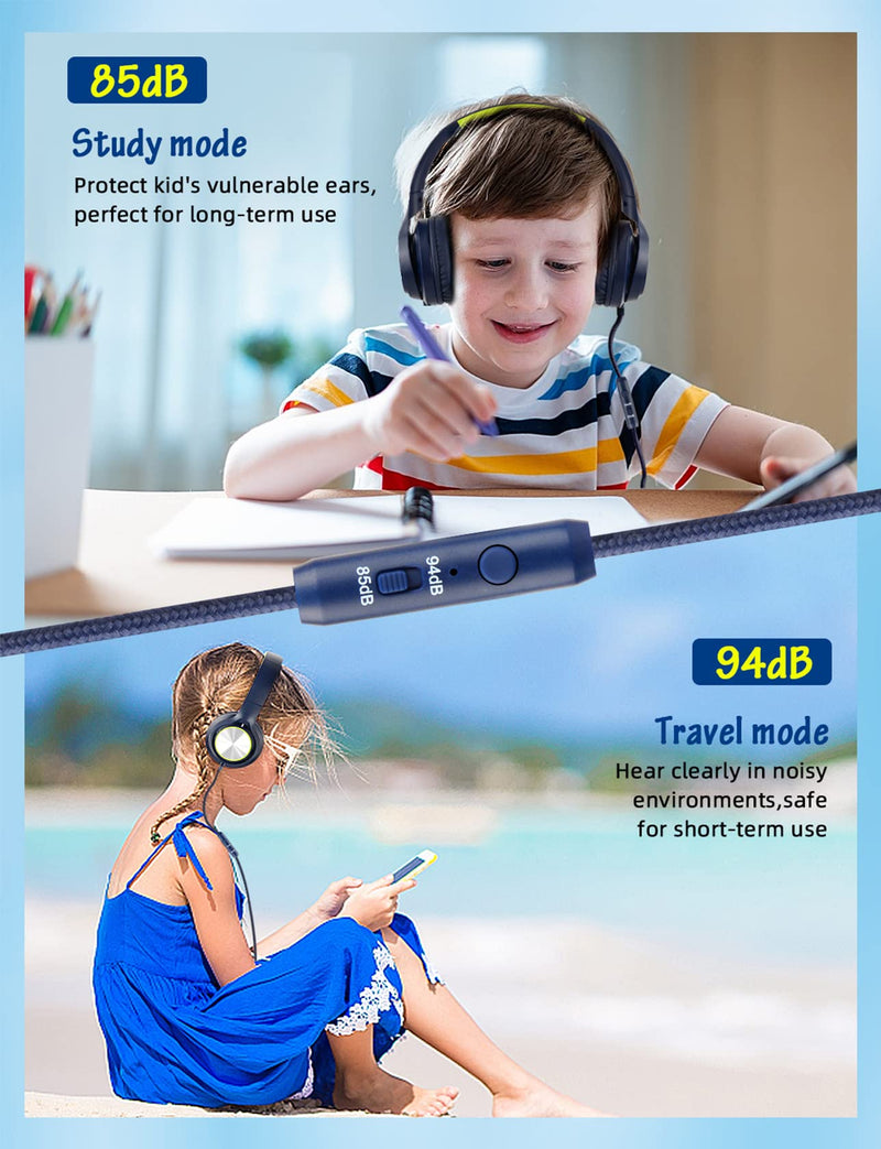 Kids Headphones with Microphone, Wired Over Ear Headsets with Limited Volume 85dB/ 94dB for Boys Girls Teens Children Online School/Travel/iPad/Tablet/Cellphone Blue