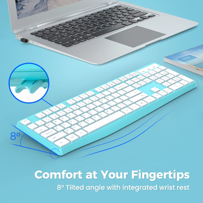 Lovaky Wireless Keyboard, 2.4G Ergonomic Wireless Computer Keyboard, Enlarged Indicator Light, Full Size PC Keyboard with Numeric Keypad for Laptop, Desktop, Surface, Chromebook, Notebook, Sky Blue 1 Pack