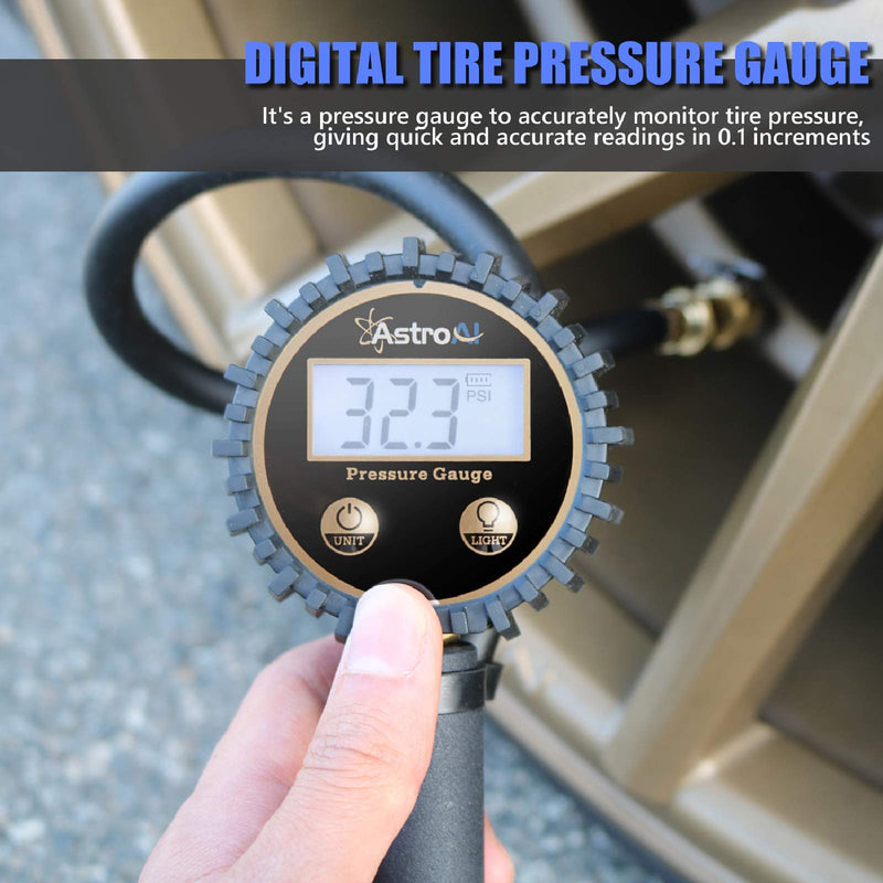 AstroAI ATG250 Digital Tire Inflator with Pressure Gauge, 250 PSI Air Chuck and Compressor Accessories Heavy Duty with Rubber Hose and Quick Connect Coupler for 0.1 Display Resolution white