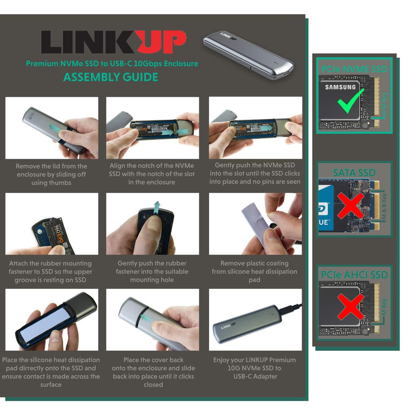 LINKUP - Premium Tool-Less NVMe SSD 10 Gbps Enclosure M.2 to USB-C | Aluminum USB 3.1 Gen 2 to PCIe Gen3 x2 Bridge Chip for Windows & Mac | Compatible with Samsung 960/970 EVO/PRO WD Black Intel Tool-less M.2 NVMe SSD Adapter