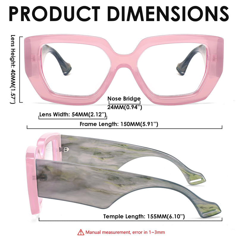 FEISEDY Blue Light Glasses for Women, Oversized Square Thick Frame, Computer Eyeglass Anti Eyestrain B4129 Pink Frame/Green Temple