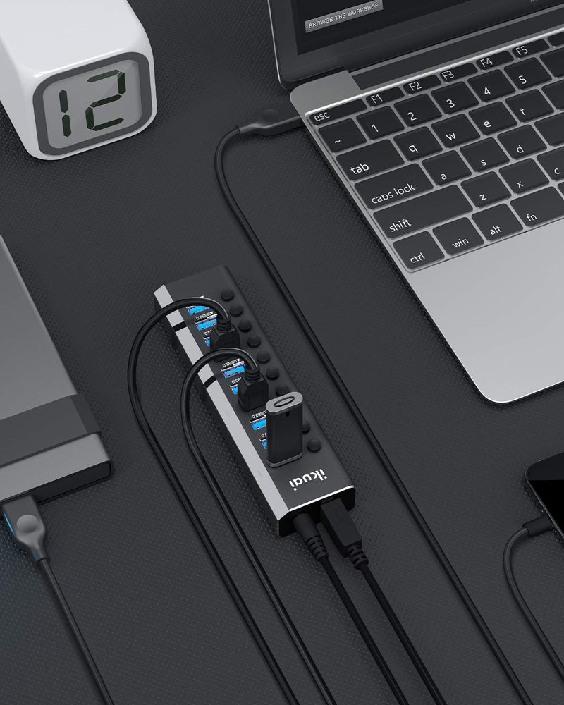 Powered USB Hub 3.0 ikuai Aluminum 10 Port USB 3.0 Data Hub Splitter with 12V/3A 36W Power Adapter and Individual On/Off Switches for Desktop PC Laptop and More