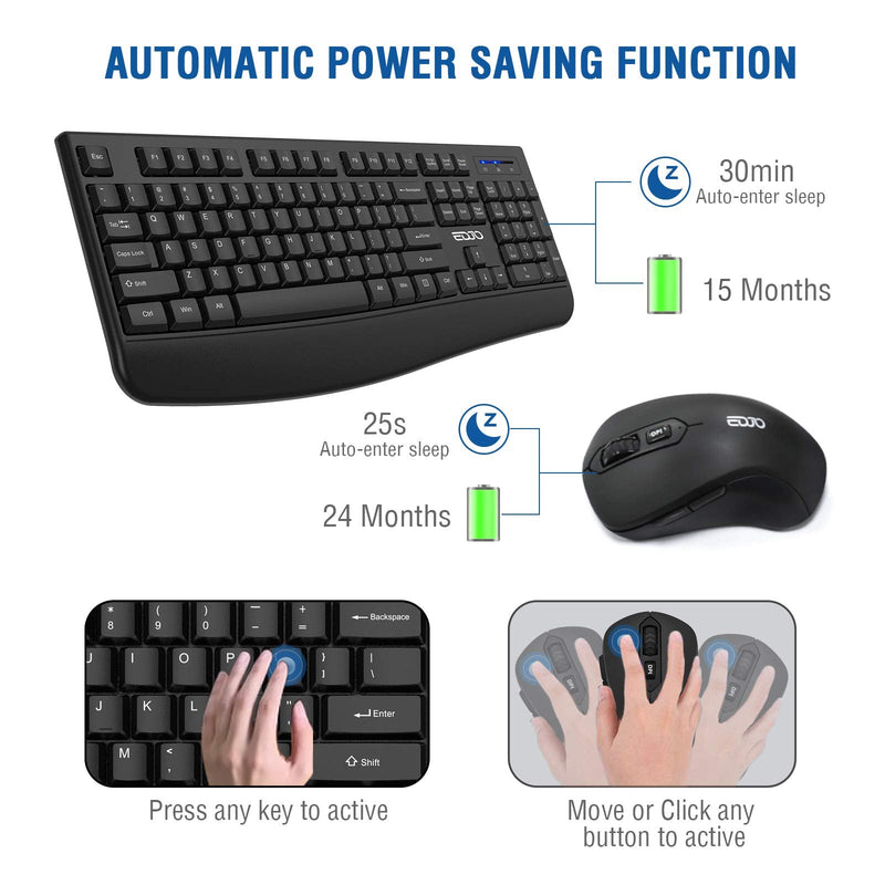 Wireless Keyboard and Mouse Combo, EDJO 2.4G Full-Sized Ergonomic Computer Keyboard with Wrist Rest and 3 Level DPI Adjustable Wireless Mouse for Windows, Mac OS Desktop/Laptop/PC black