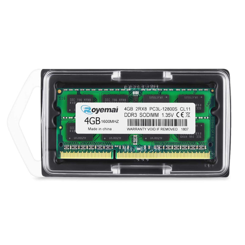 4GB DDR3 / DDR3L 1600MHz SODIMM RAM, Royemai PC3L-12800 2Rx8 1.35V 1.5V CL11 204-pin Notebook Laptop RAM Memory Module DDR3L 12800 1x4G-12800SL-Green
