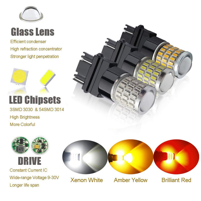 iBrightstar Newest 9-30V Super Bright Low Power 3156 3157 3057 4157 LED Bulbs with Projector Lenses Replacement for Front/Rear Turn Signal Blinker Lights or Brake Tail Parking Lights, Amber Yellow