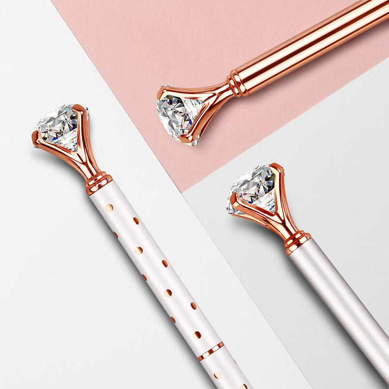 3 PCS Diamond Pen With Big Crystal Bling Metal Ballpoint Pen, Office Supplies And School, Rose Gold/White Rose Polka Dot/Silver, Includes 3 Pen Refills