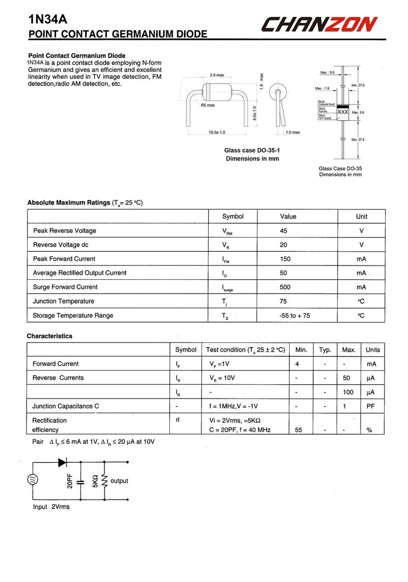 (Pack of 20 Pieces) Chanzon 1N34A 1N34 Schottky Diode 50mA 65V DO-35 (DO-204AH) IN34A IN34 Axial for TV FM AM Radio Detection