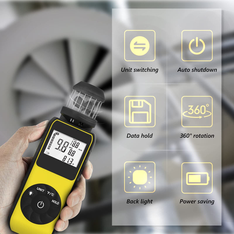 Digital Anemometer Anemometer Handheld with Wind Cup Anemometer Portable GR-881M Speed Meter with Compass and Temp(℃/℉) Measuring Air Speed Air Volume for Boat Sailing, Shooting 881M(Yellow)