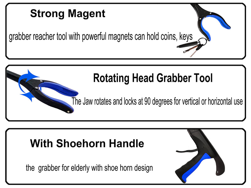 GrabRunner Deluxe Reacher Grabber with Shoehorn for Elderly,32 Inch Foldable Trash Picker Grabber with Shoehorn and Strong Magnetic, 90° Rotating Head Grabber Tool(Blue) Blue