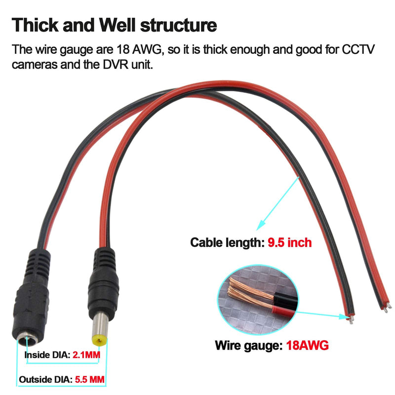 (Real 18AWG 43x2pcs Strands) 10 Pairs DC Power Pigtail Cable 12V 5A Male & Female + 10 Pairs DC Power Jack Plug Adapter Connector for CCTV Home Security Surveillance by MILAPEAK (2.1mm x 5.5mm)