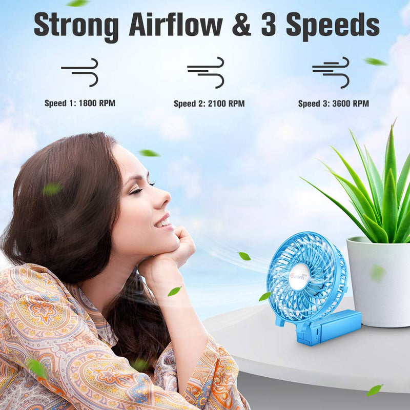 VersionTECH. Mini Handheld Fan, USB Desk Fan, Small Personal Portable Table Fan with USB Rechargeable Battery Operated Cooling Folding Electric Fan for Travel Office Room Household Blue