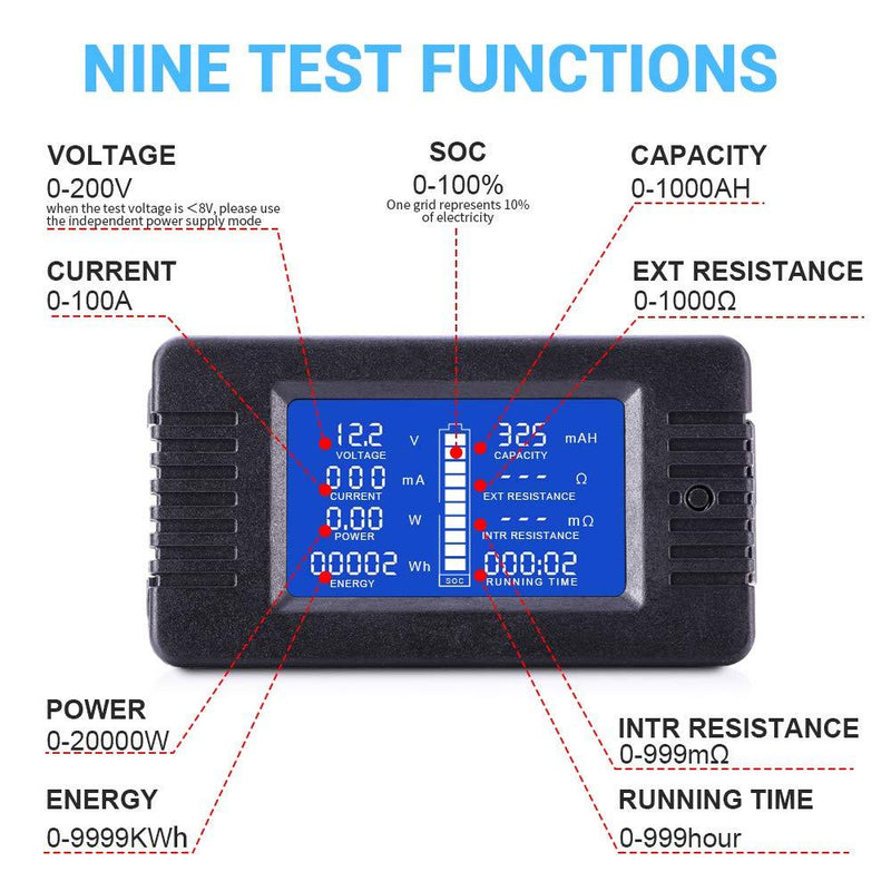 MNJ MOTOR DC Battery Monitor Meter 0-200V 0-100A LCD Display Digital Current Multimeter Voltmeter Ammeter w/Current Shunt Wiring Kit Set for Cars RV Solar System
