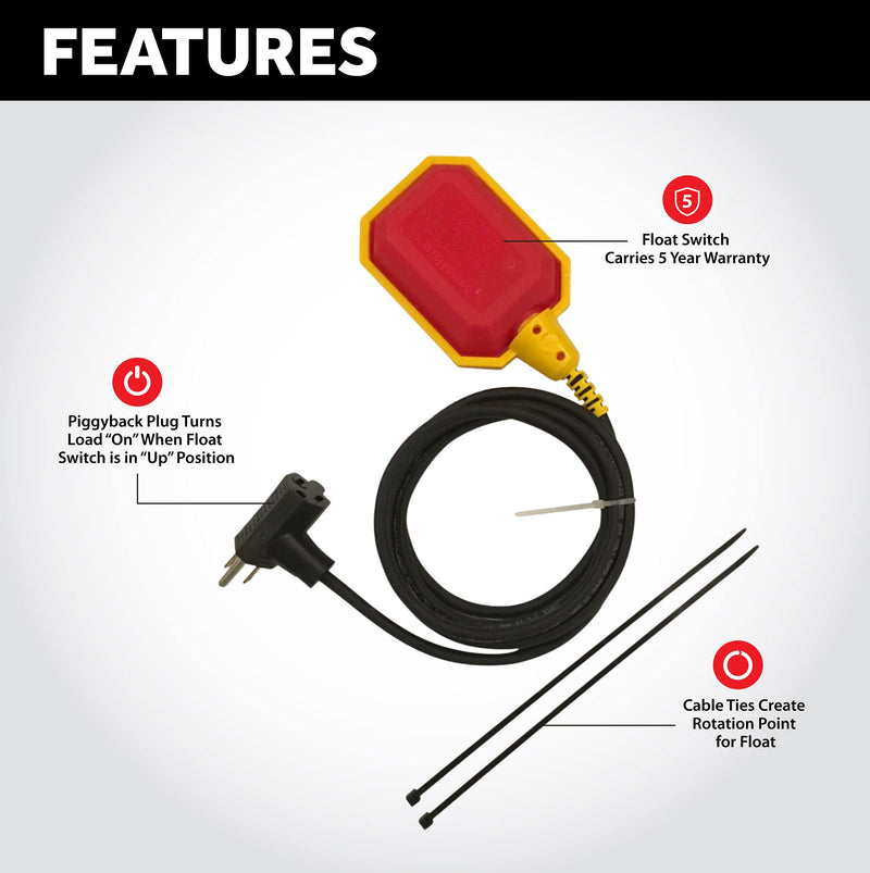 "WaterBoss" Universal Piggyback Float Switch, (5 Year Warranty), 10 ft Cable, Septic System, Sump Pump, Water Tank