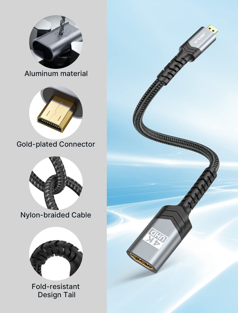 Micro HDMI to HDMI Adapter, JSAUX Micro HDMI Male to HDMI 2.0 Female Cable, 4K@60Hz HDR 3D Dolby 18Gbps, Compatible for Nikon Zfc/GoPro Hero 7/Raspberry Pi 4 /Sony A6000 and Other Action Camera-Grey Grey