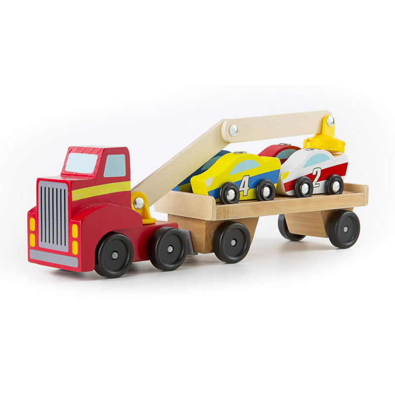 Melissa & Doug Magnetic Car Loader Wooden Toy Set With 4 Cars and 1 Semi-Trailer Truck
