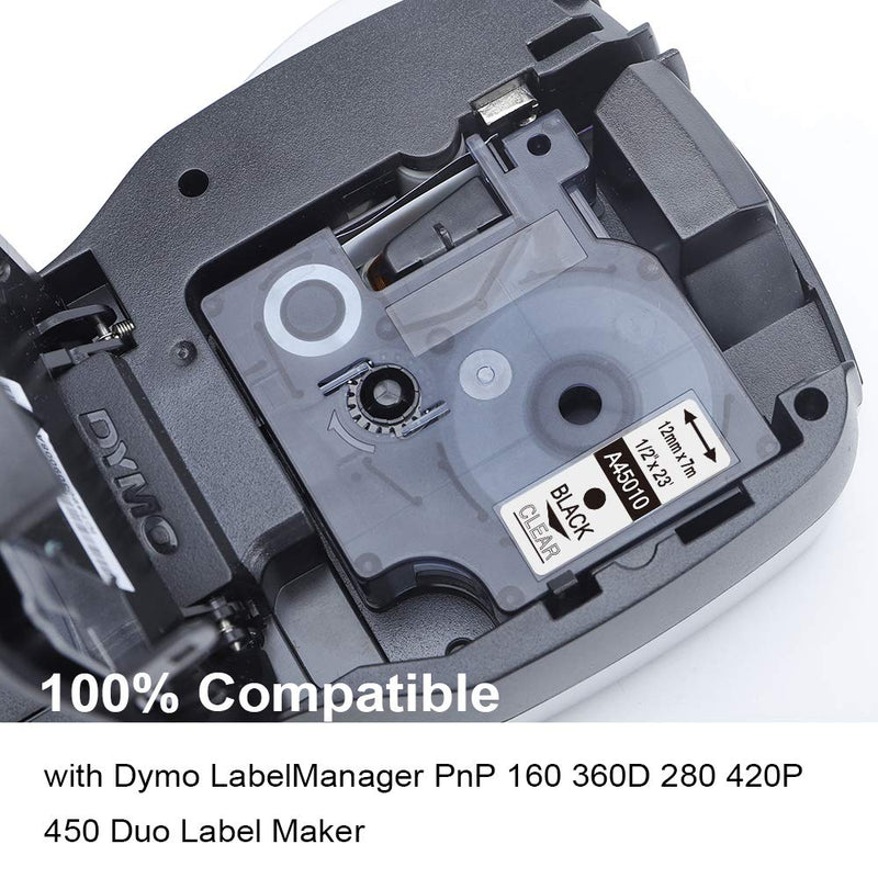 MarkDomain Compatible Label Tape Replacement for Dymo D1 45010 S0720500 Black on Clear for DYMO LabelManager 160 280 420P 220P 360D 450 210D, 1/2 Inch x 23 Feet,3-Pack