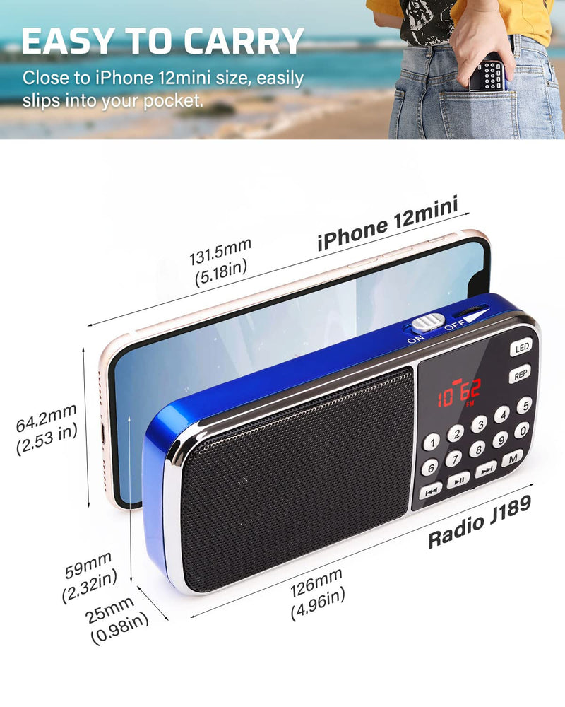 PRUNUS J-189 Bluetooth AM FM Radio, Small Portable Radio - Dual Speaker Heavy Bass, LED Flashlight, Pocket Size, TF Card USB AUX MP3 Player, Rechargeable Battery Operated Small Radio(Blue) BLUE