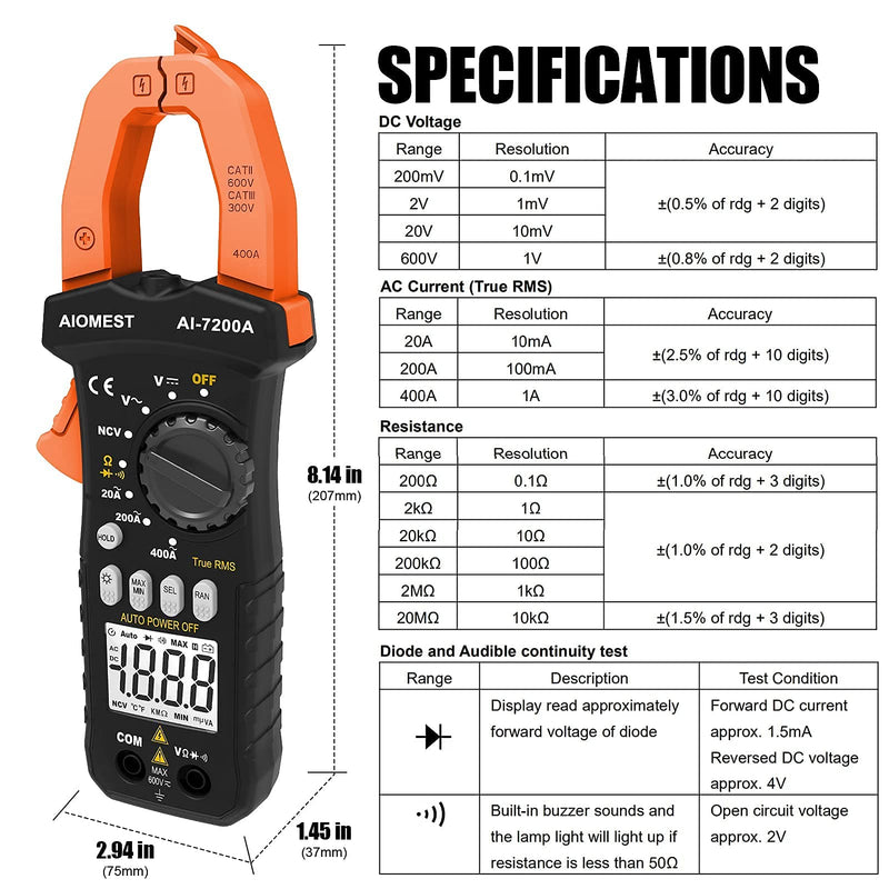 AIOMEST AI-7200A TRMS 2000 Counts Digital Clamp Multimeter Measures AC/DC Voltage, Current, Resistance, Continuity, Diode, Continuity, NCV Test, Auto Volt Amp Ohm Tester with Backlit Lamp