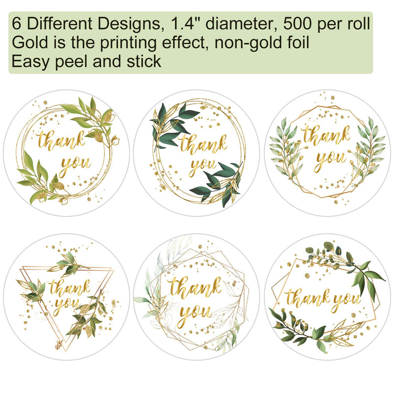 Thank You Stickers Roll, Green Leaves with Golden Frames Thank You Stickers, 1.4 Inch Adhesive Label Stickers 6 Different Designs, Perfect for Birthday, Wedding Favors, Small Business, 500 Per Pack.