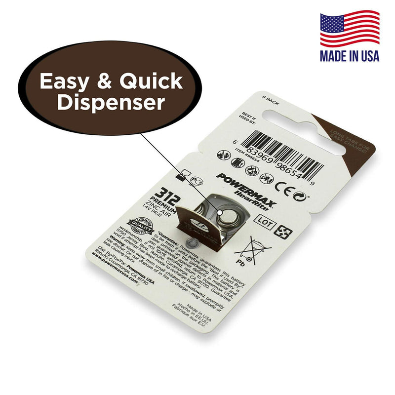 Powermax Size 312 Hearing Aid Batteries, Brown Tab, Made In the USA, 64-Count