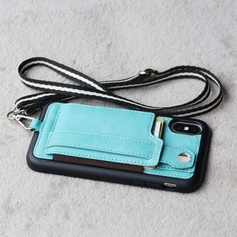 TOOVREN iPhone X Case Wallet, iPhone Xs/10 Lanyard Neck Strap Protective Case Cover with Card Holder Adjustable Detachable Kickstand PU Leather iPhone Lanyard for Anti-Theft Aqua Aqua-XS/X iPhone X/Xs-5.8''