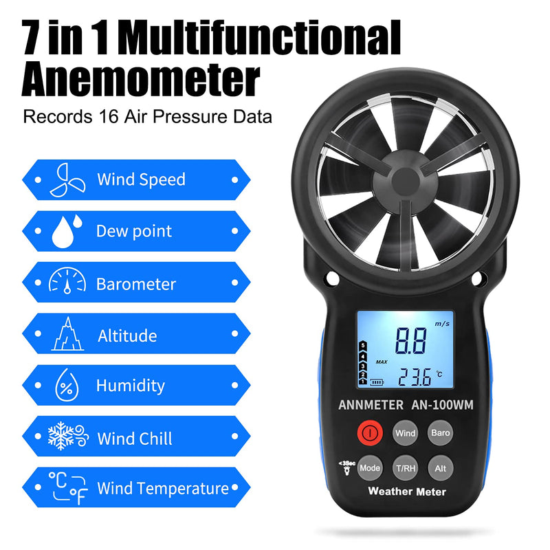 ANNMETER AN-100WM Handheld Wind Speed Chill Temperature Meter Tester, Digital Anemometer for Air Flow, Velocity, Pressure, Humidity Gauge AI-100WM W/ Pressure, Altitude and Humidity