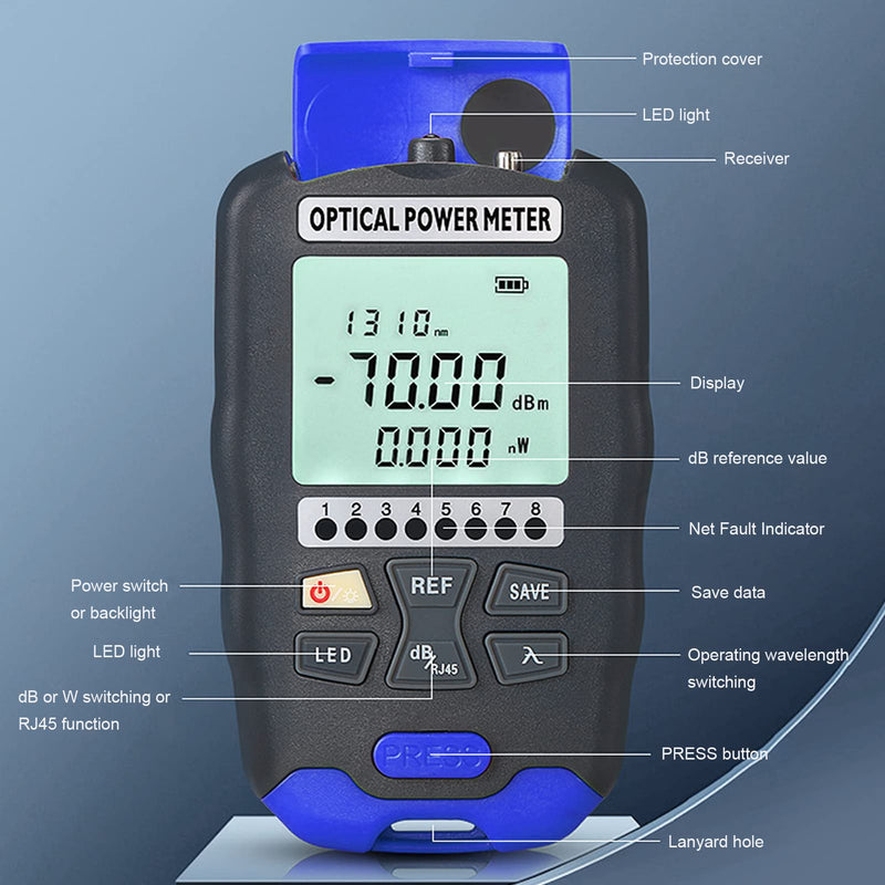 Fiber Optic Power Meter, 3-in-1 Optical Power Meter Fiber Optic Tester with RJ45 Tester and LED Lighting, -70~+10 dBm Mini Rechargeable Fiber Optic Power Meter, FC/SC/ST