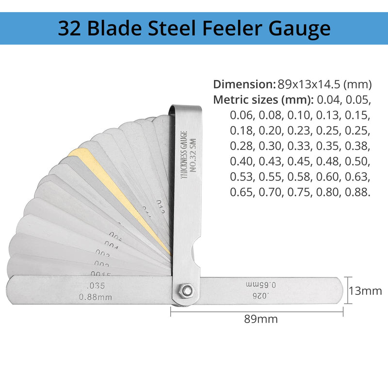 CAMWAY 2Pcs Feeler Gauge Set Stainless Steel Metric/Inch 32 Straight Blade Steel Feeler Gauge,16pcs Feeler Gauge and 45º Blades Offset for Measuring Gap Width/Thickness Measuring Tools Straight&45º Blades Offset