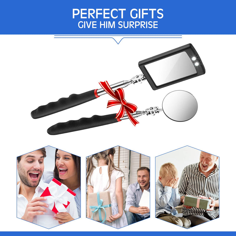 2 Pieces Lighted Telescoping LED Inspection Telescoping Mirror Flexible Telescoping Mirror Round Mirror Handle Telescoping Pickup Tools Present for Christmas, Birthday Father's Day Everyday Carry