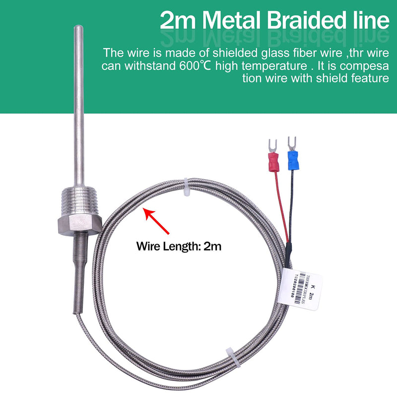Twidec/2M NPT 1/2"inch (6X100MM) Pipe Thread Temperature Sensor Probe Two Wire Temperature Controller (0~600℃) 304 Stainless Steel K Type Thermocouple MT-205-1/2 1/2" 6x100mm