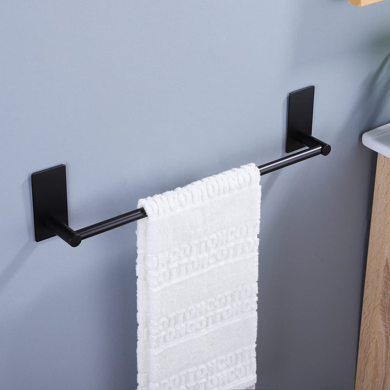 Taozun Towel Bar - Towel Holder with 2 Packs Adhesive Hooks Black 16-Inch Hand Towel Rack Towel Hook Stick on Wall, Stainless Steel Bathroom Hardware Accessory Kit