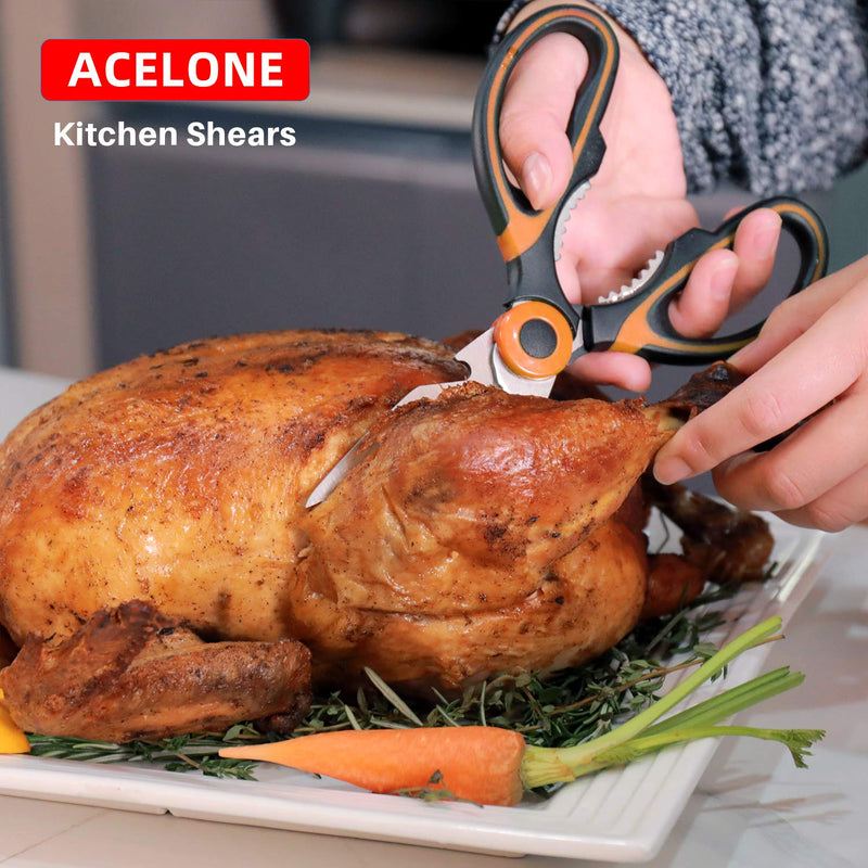 Kitchen Shears, Acelone Premium Heavy Duty Shears Ultra Sharp Stainless Steel Multi-function Kitchen Scissors for Chicken/Poultry/Fish/Meat/Vegetables/Herbs/BBQ… (Orange black) Orange black