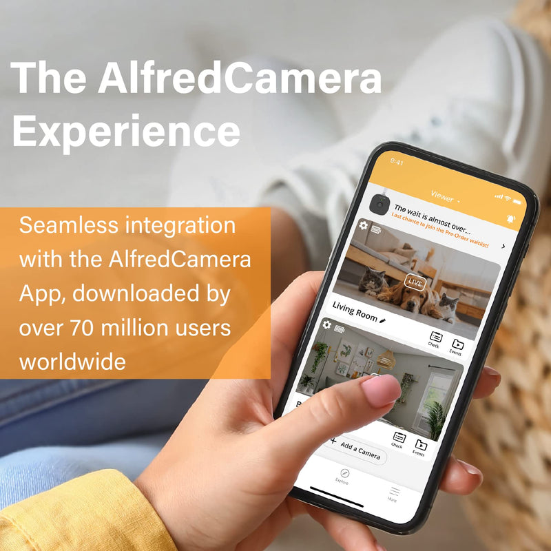 AlfredCamera Indoor Security Bullet Camera -AlfredCam, Plug-in Baby Monitor/Pet Cam- 1080P, Night Vision, Wide-Angle View, Continuous Recording, and Stick-On Mount - Works with Alfred Camera App 2023 ver.