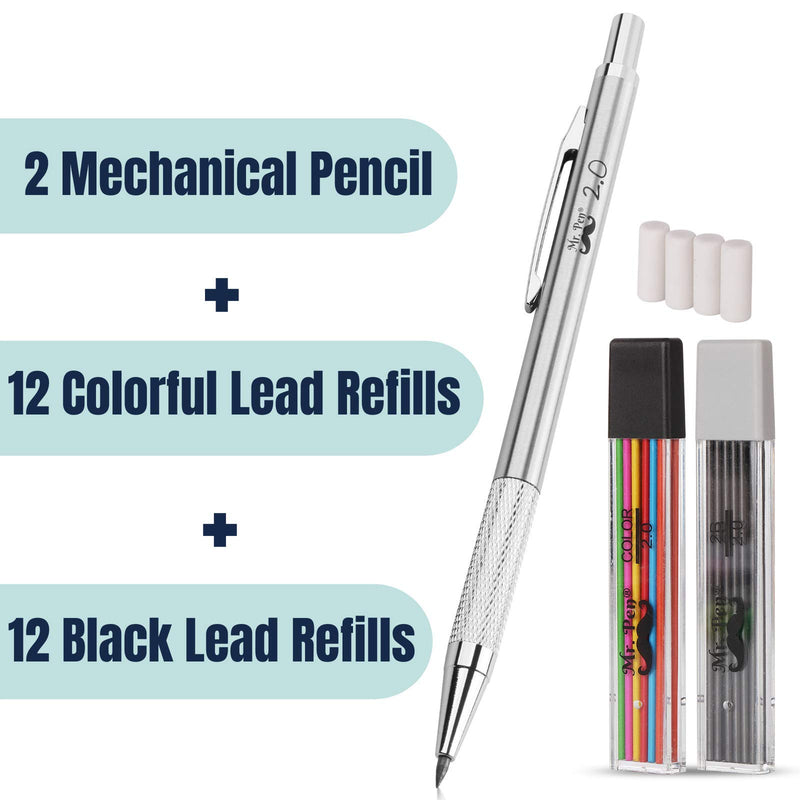 Mr. Pen- Mechanical Pencil 2mm, 1 Metal Mechanical Pencil with 2 Pack of Lead and Eraser, Drafting Pencil, Drawing Pencil, Thick Mechanical Pencil, 2.0mm Pencils, Artist Mechanical Pencils, 2mm Pencil