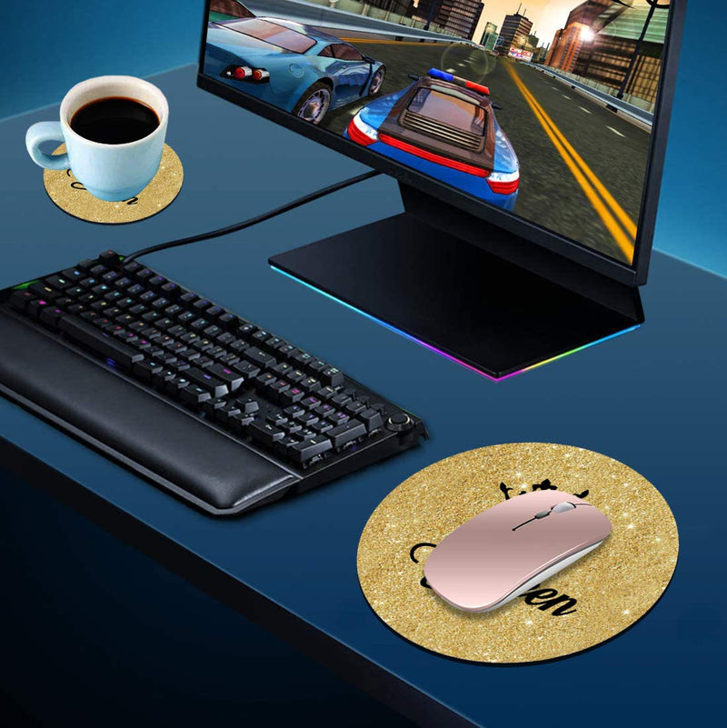 Round Mouse Pad with Coasters Set, Gold Glitter Quotes Crown Queen Design Mouse Pad, Non-Slip Rubber Base Mouse Pads for Laptop and Computer Office Accessories