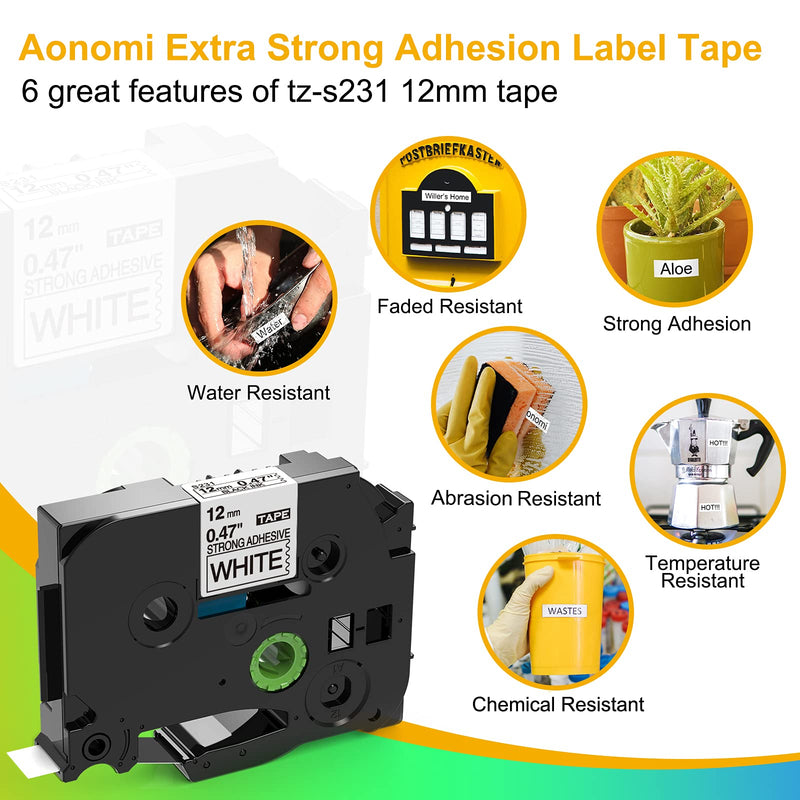 Aonomi Compatible Label Tape Replacement for Brother TZ TZe-S231 TZeS231 Extra-Strength Adhesive Laminated Tape for Brother PT D210 D400 H110 D600 Label Maker (Black on White, 1/2 Inch x 8M), 2-Pack Strong Adhesive Tape