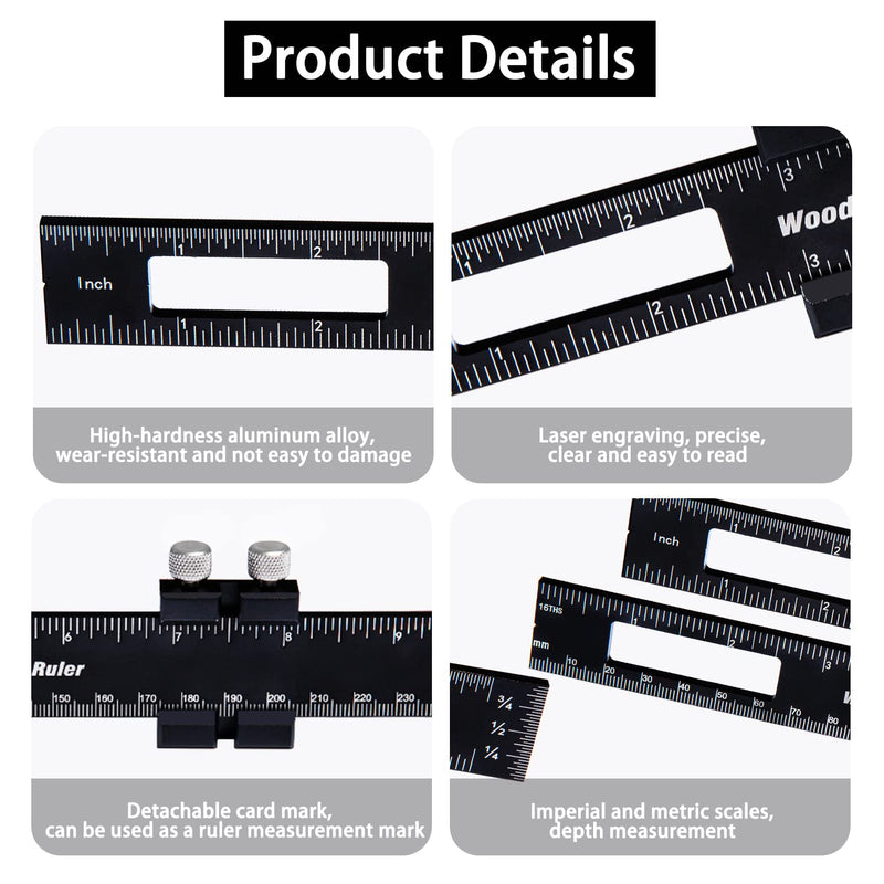 Precision Pocket Rulers,3-Pack Flexible Premium Straight Edge Metal Rulers Kit,Professional Woodworking Track Ruler Measuring Marking Tool,Metric British Scale Gauge Ruler with Slide Stop 6/8/12 Inch