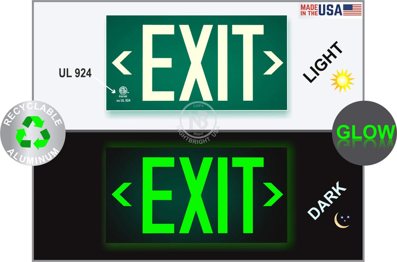 Photoluminescent Exit Sign Green - Aluminum Code Approved Aluminum UL 924 / IBC / NFPA 101