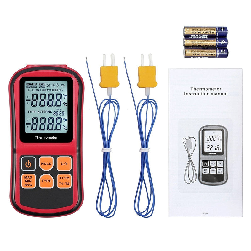 Kamtop Digital Thermometer Dual Channel Thermometer with Two K- type Thermocouples Temperature Meter with LCD Backlight for K/ J/ T/ E/ R/ S/ N Thermocouple