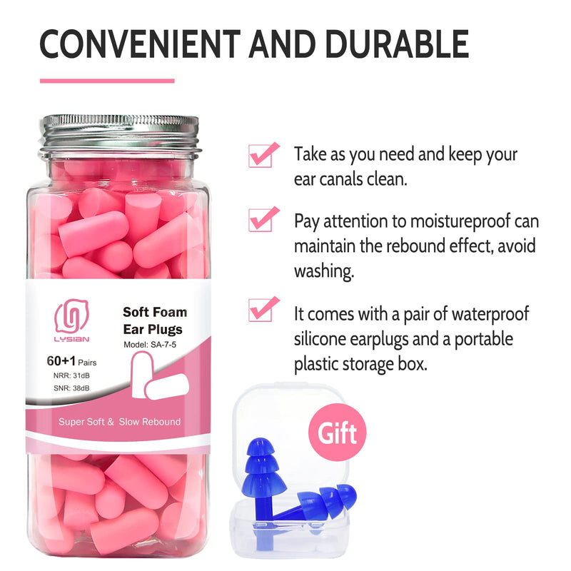 LYSIAN Pink Color Ultra Soft Foam Earplugs 60 Pairs with Reusable Silicone Earplug, 38dB SNR Ear Plugs, Sleeping, Snoring, Shooting, Travel and All Loud Events
