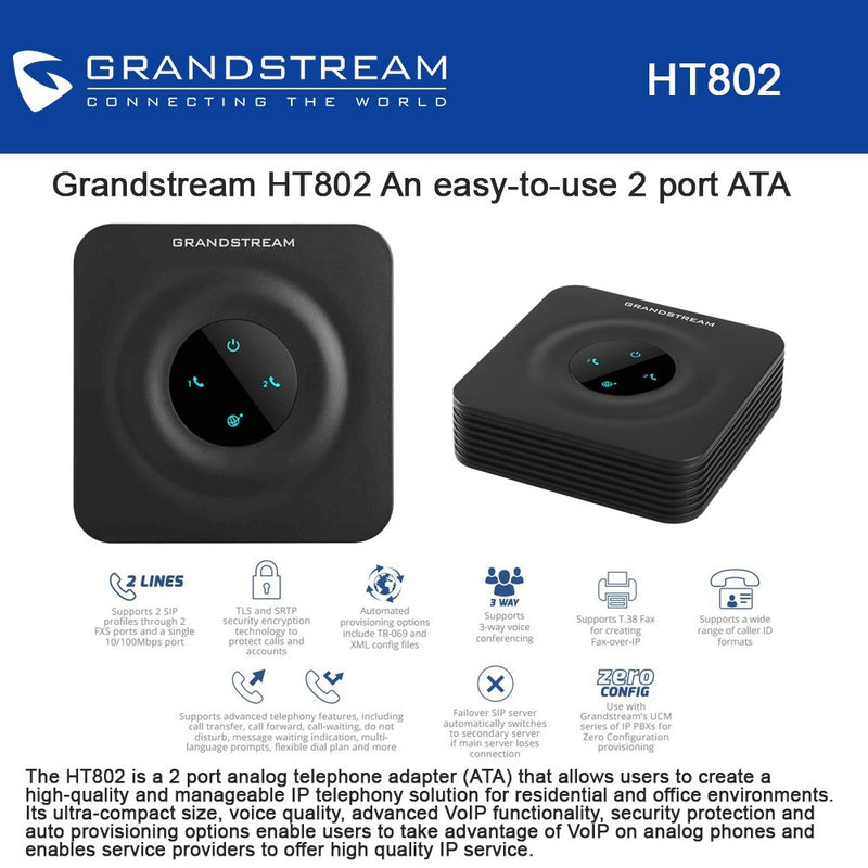 Grandstream GS-HT802 2 Port Analog Telephone Adapter VoIP Phone & Device, Black