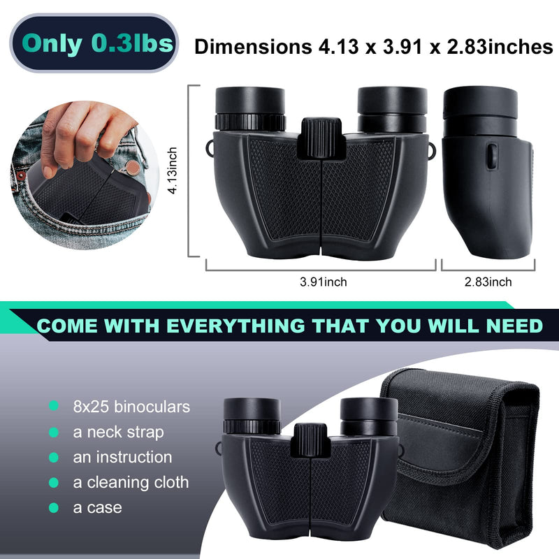 Binoculars 8x25,Compact Binoculars for Adults and Kids,Easy Focus Light Duty binos for Cruise，Bird Watching, Travel, Theatre,Hiking,See exhibits，Observe Flora and Fauna.